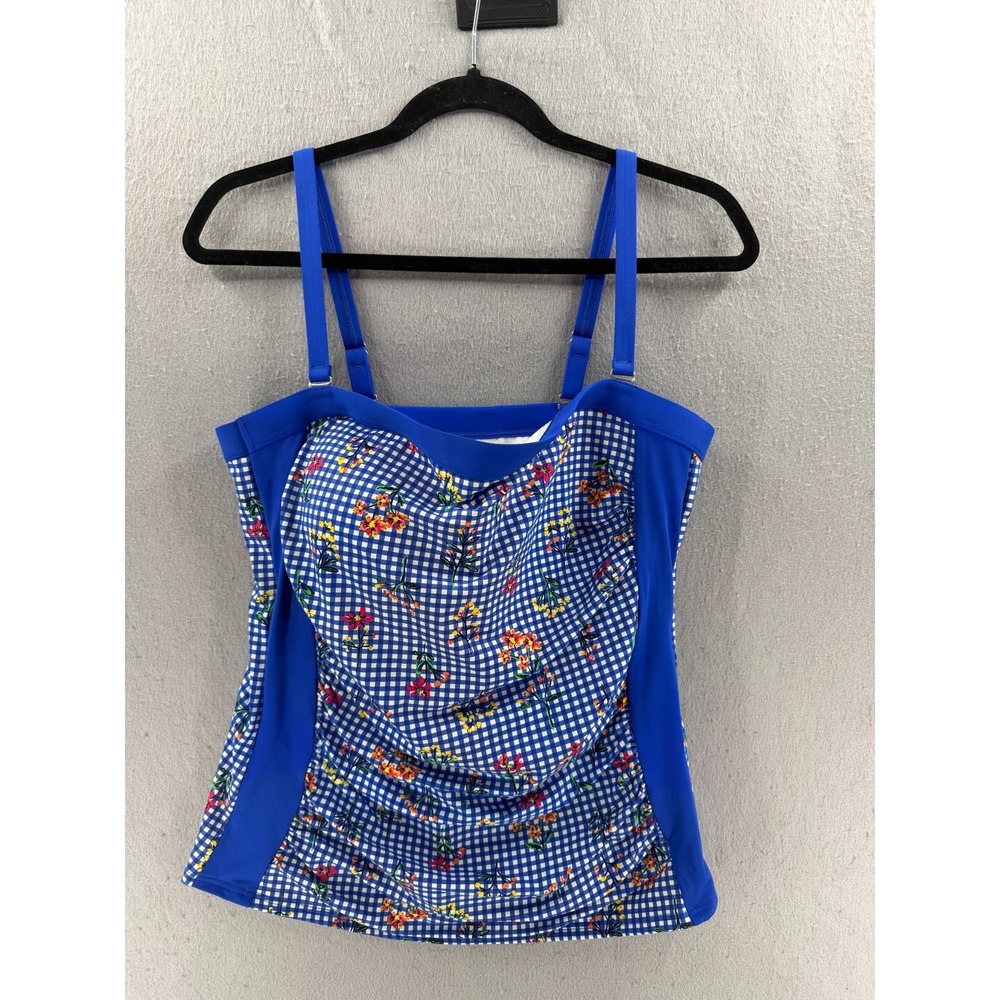 Lands End Tankini Top Womens 12 Bandeau Swimsuit Gingham Botanical Check UPF 50